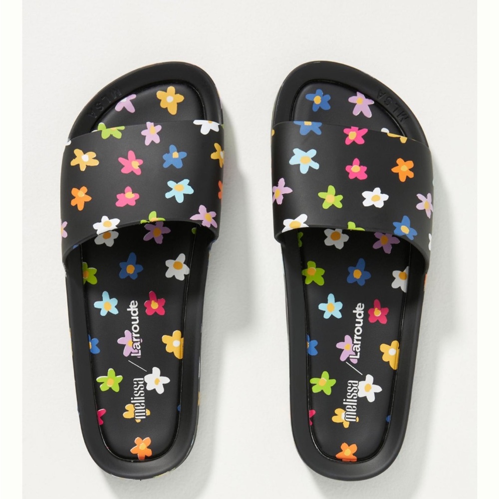 Melissa x Larroudé Black Floral Pool Slides Sandals Shoes Anthropologie